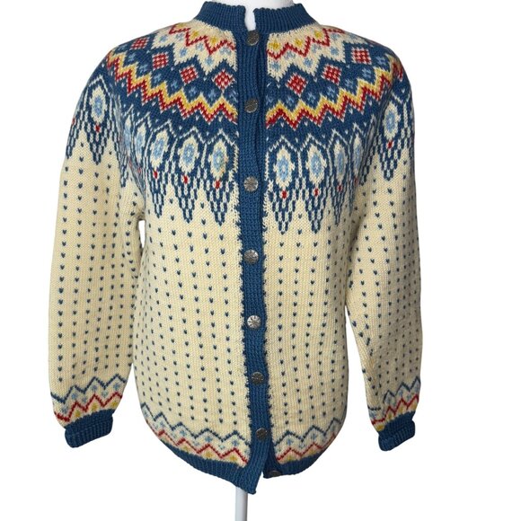 Vintage Norwegian Wool Cardigan Nordic Ski Sweater with Silver Buttons Medium - Picture 3 of 9